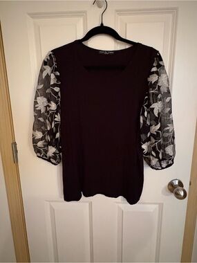 Kim & Cami Deep Plum Top with Sheer Floral Puff Sleeves